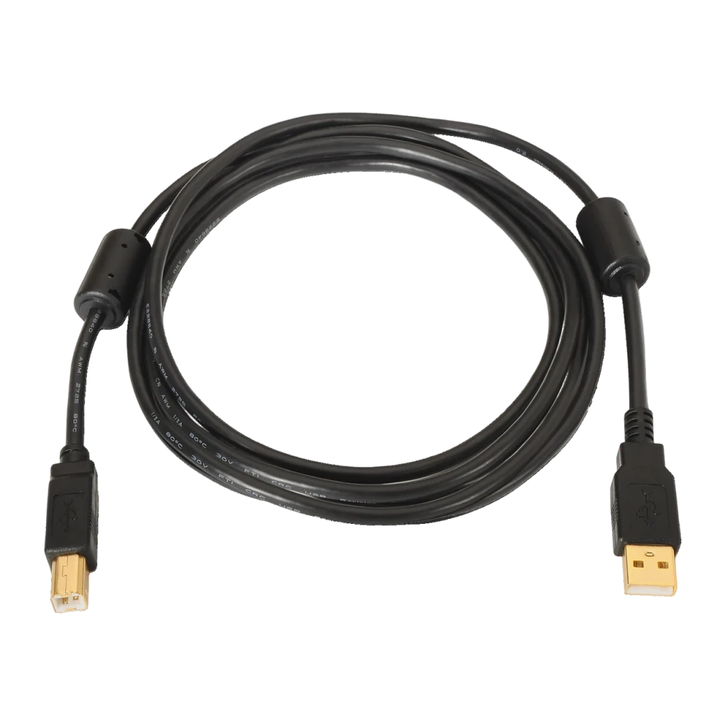 Cable AISENS A101-0010 USB-A a USB-B 2.0 3m Negro, detalle: cable enrollado con conectores dorados USB-A y USB-B visibles
