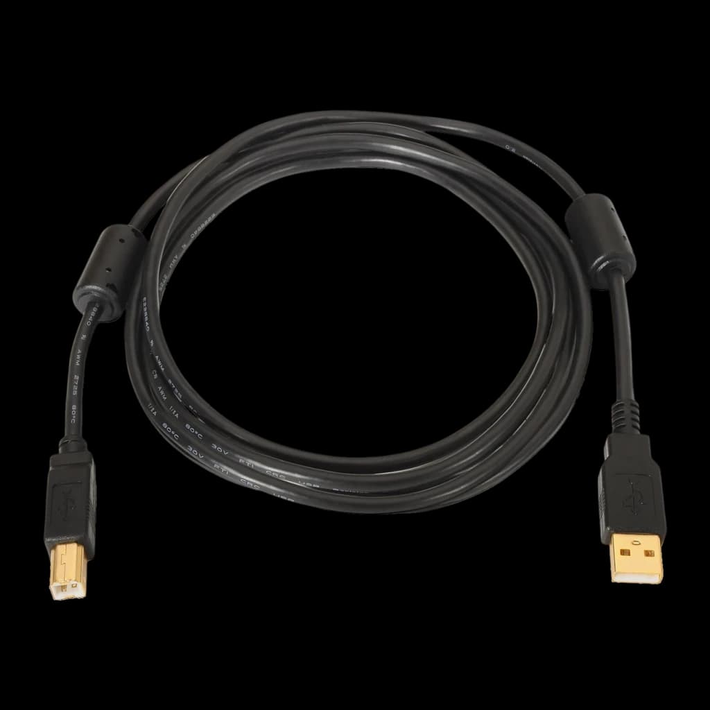 Cable AISENS A101-0010 USB-A a USB-B 2.0 3m Negro, detalle: cable enrollado con conectores dorados USB-A y USB-B visibles