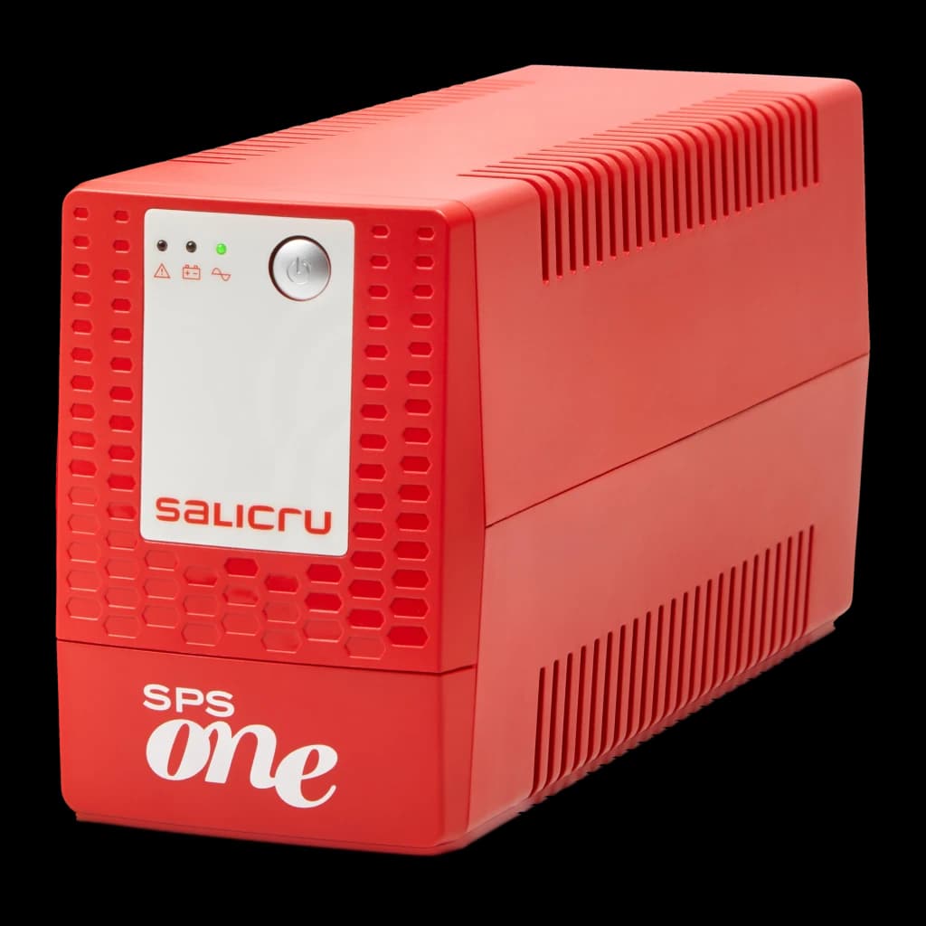 UPS Salicru SPS 900 ONE IEC Linha Interativa 900VA 480W, vista frontal: carcaça vermelha com painel de LEDs indicadores
