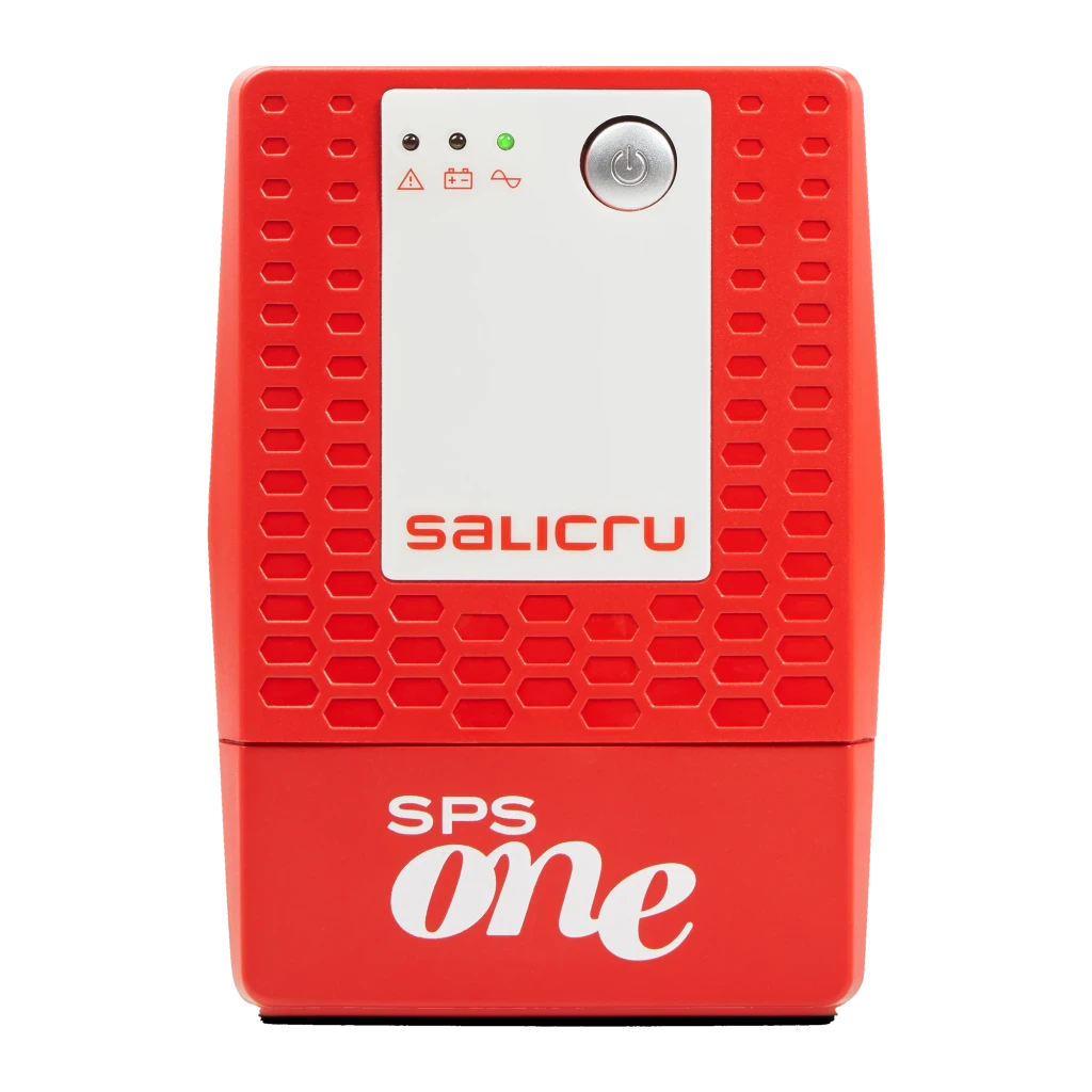 UPS Salicru SPS 900 ONE IEC Linha Interativa 900VA 480W, detalhe frontal: painel com LEDs indicadores, botão de energia
