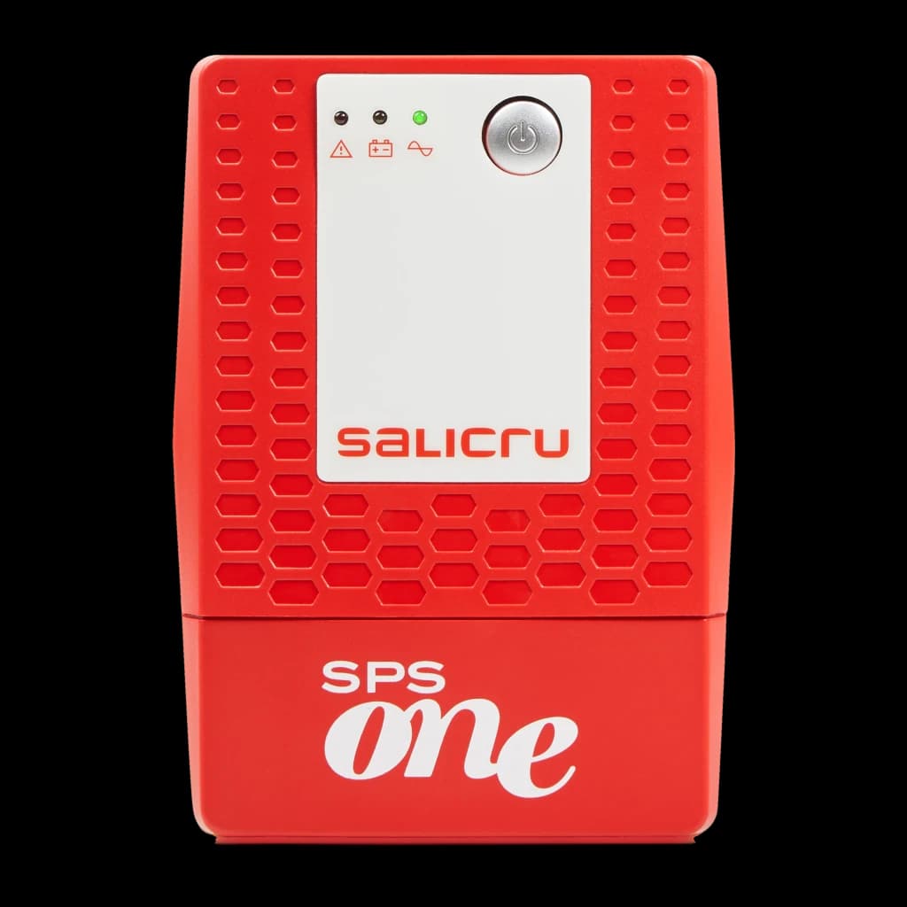 UPS Salicru SPS 900 ONE IEC Linha Interativa 900VA 480W, detalhe frontal: painel com LEDs indicadores, botão de energia