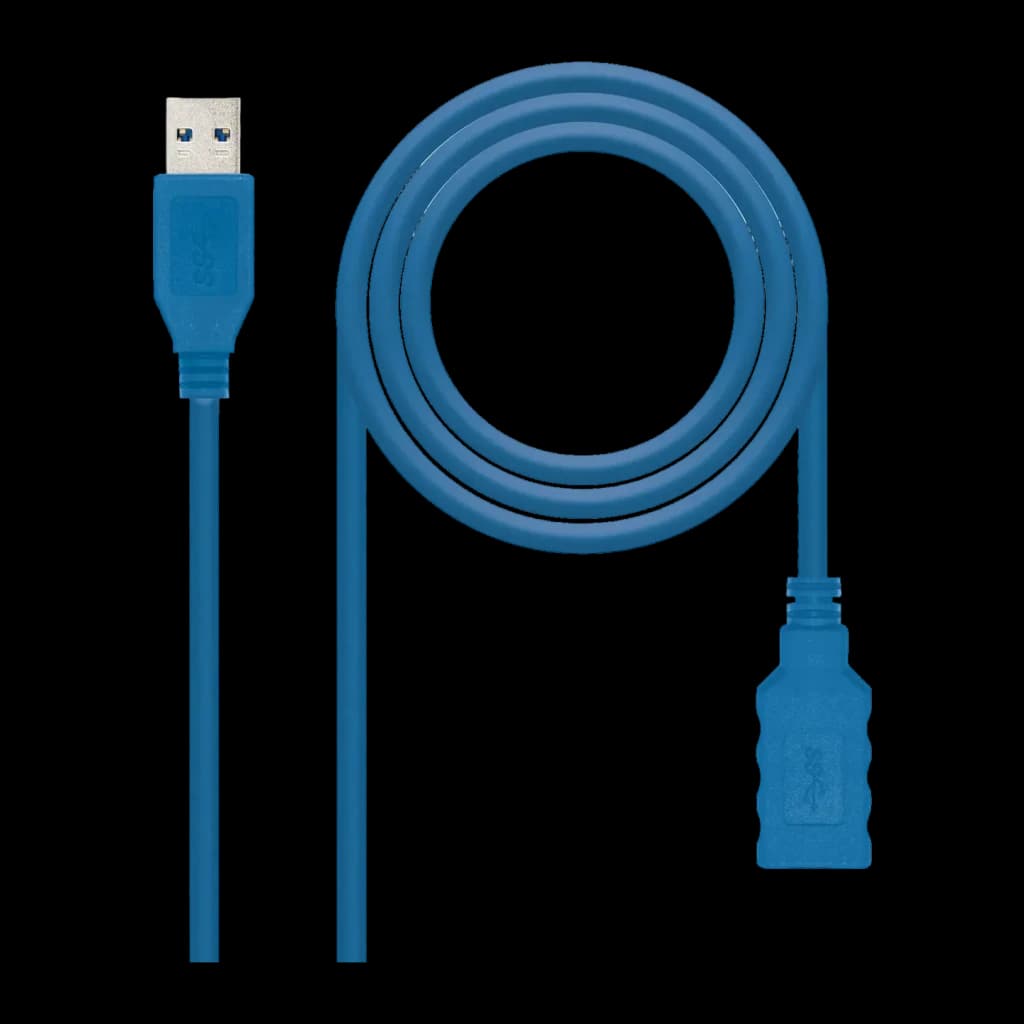 Câble USB Nanocable 3.0 Rallonge Mâle/Femelle 1m 5 Gbit/s Bleu, vue frontale: connecteur mâle type A et femelle enroulés