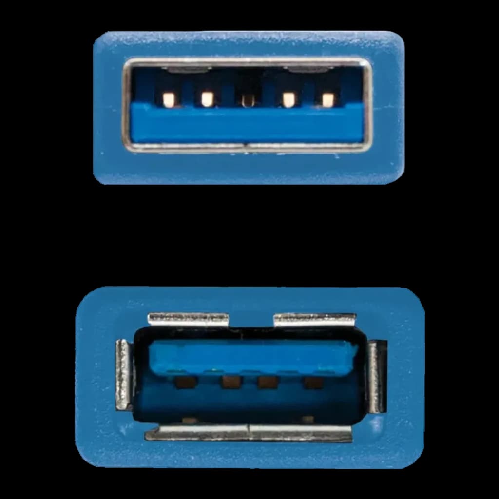 Câble USB Nanocable 3.0 Rallonge Mâle/Femelle 1m 5 Gbit/s Bleu, détail: connecteur femelle en haut et mâle en bas en bleu