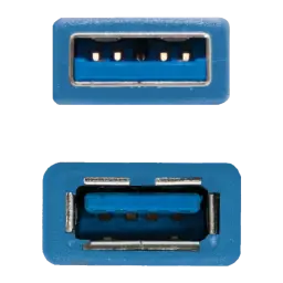 Câble USB Nanocable 3.0 Rallonge Mâle/Femelle 1m 5 Gbit/s Bleu, détail: connecteur femelle en haut et mâle en bas en bleu