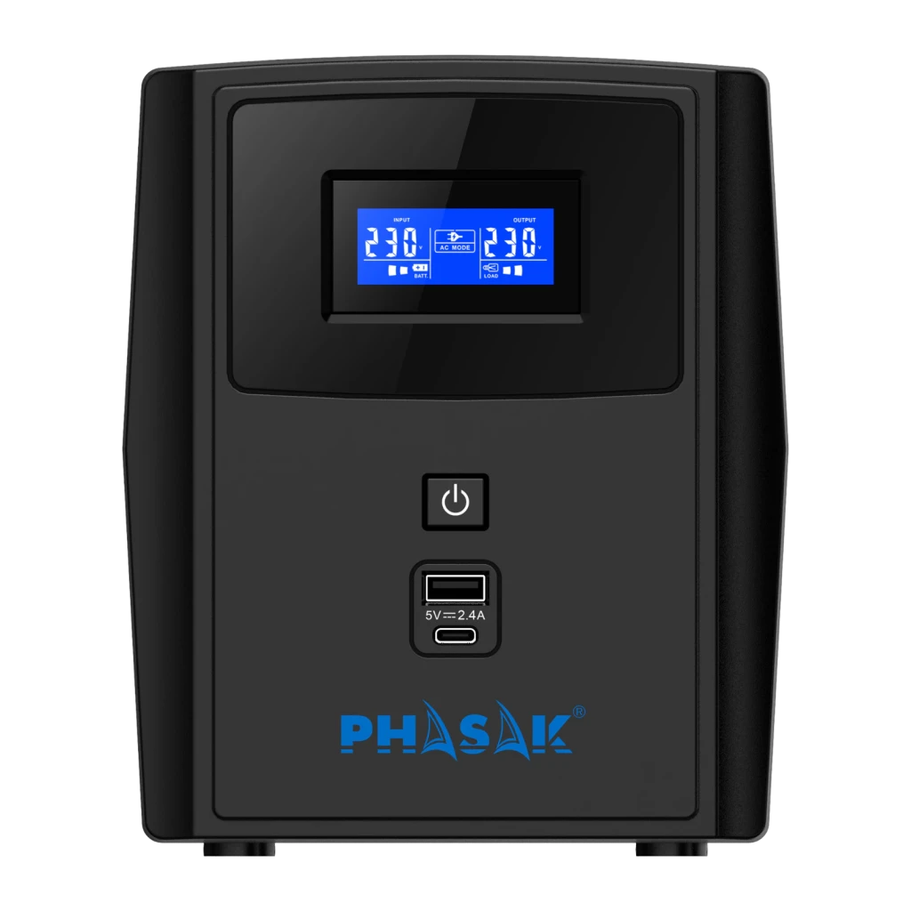 UPS Phasak Sirius PH 7322 Linha Interativa 2260VA 1320W Preto, vista frontal: ecrã LCD azul 230V, botão de energia e portas