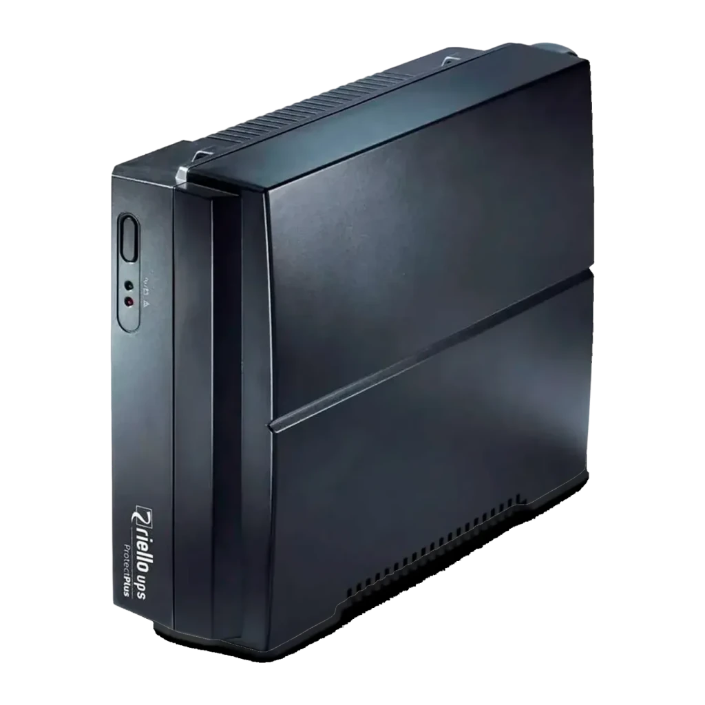 Sai ups Riello Protection Plus PRP 650 Línea Interactiva Negro, vista frontal: carcasa negra con logo, indicadores LED