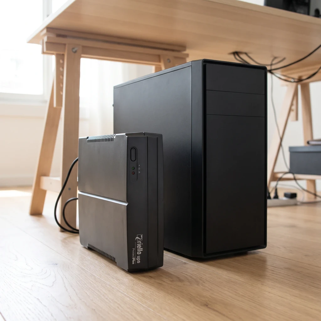 Sai ups Riello Protection Plus PRP 650 Línea Interactiva Negro, en uso: junto a torre de PC bajo escritorio de madera, LEDs