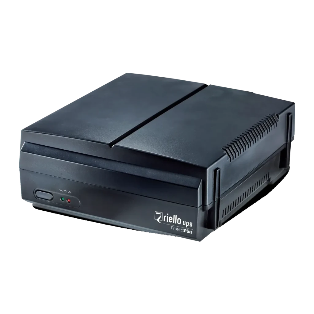 Sai ups Riello Protection Plus PRP 650 Línea Interactiva Negro, detalle: vista en perspectiva con rejillas laterales, LEDs