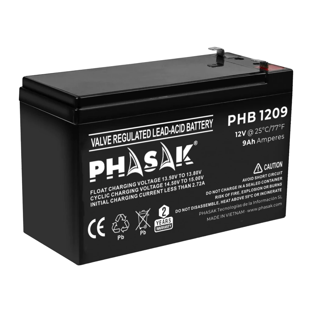 Bateria para SAI Phasak PHB 1209 VRLA 12V 9Ah Preto, vista frontal: caixa preta com etiqueta branca, terminais