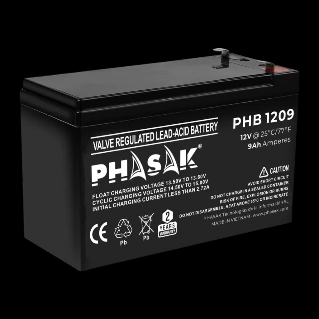 Bateria para SAI Phasak PHB 1209 VRLA 12V 9Ah Preto, vista frontal: caixa preta com etiqueta branca, terminais