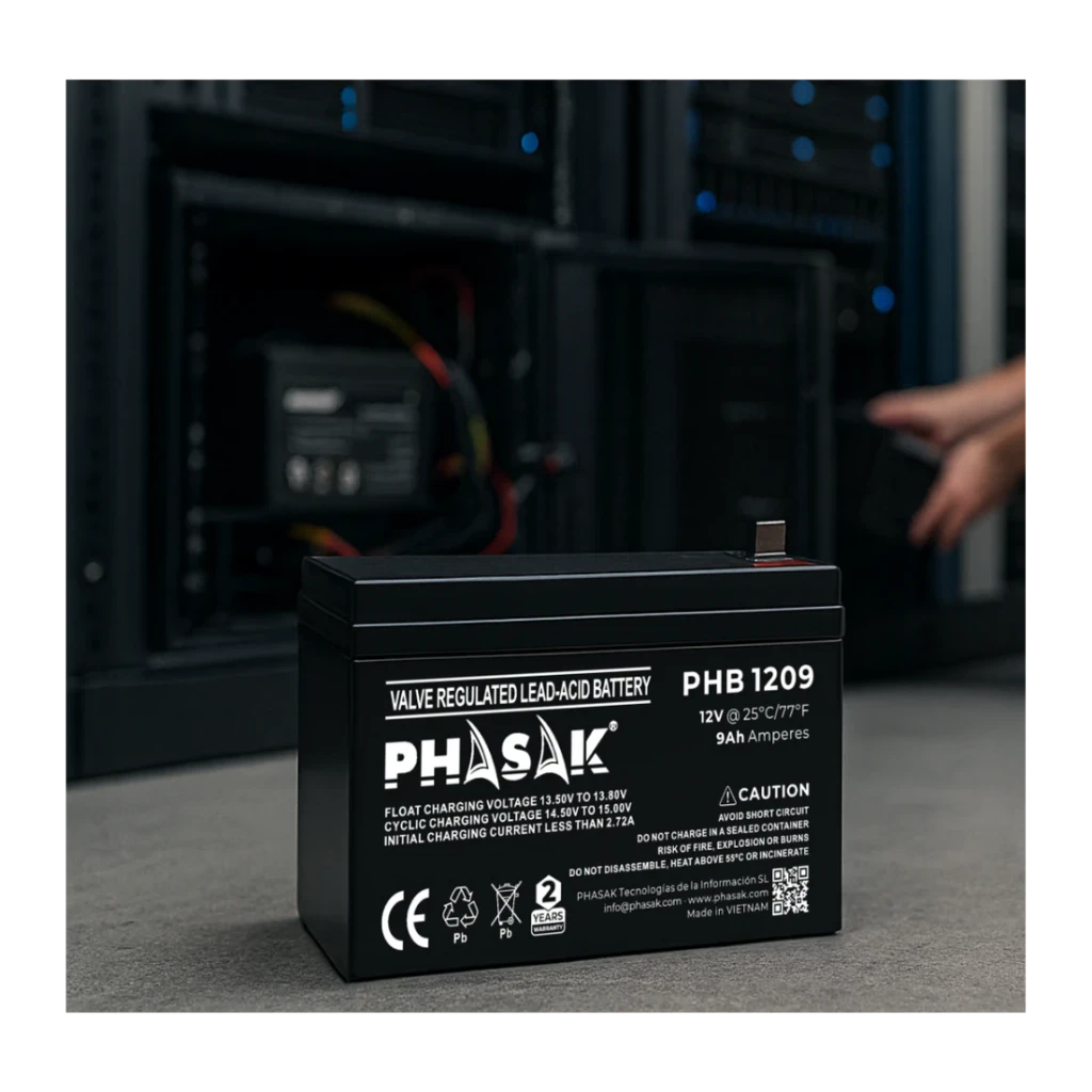 Bateria para SAI Phasak PHB 1209 VRLA 12V 9Ah Preto, em uso: vista frontal no chão diante de rack de servidores com mão ao