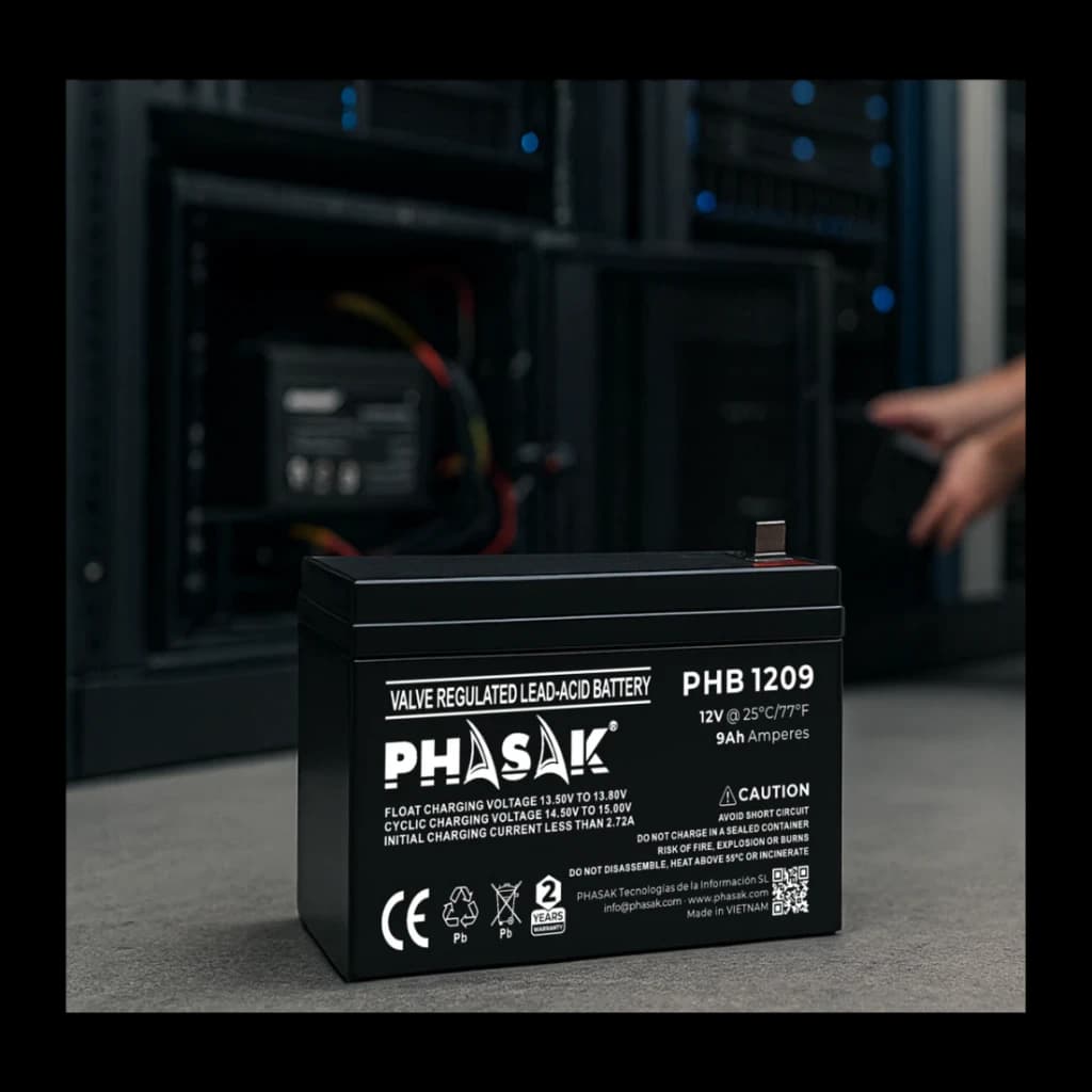 Bateria para SAI Phasak PHB 1209 VRLA 12V 9Ah Preto, em uso: vista frontal no chão diante de rack de servidores com mão ao