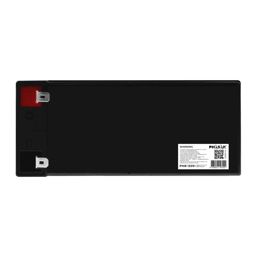 Bateria para SAI Phasak PHB 1209 VRLA 12V 9Ah Preto, detalhe: vista frontal com terminais metálicos e etiqueta com código