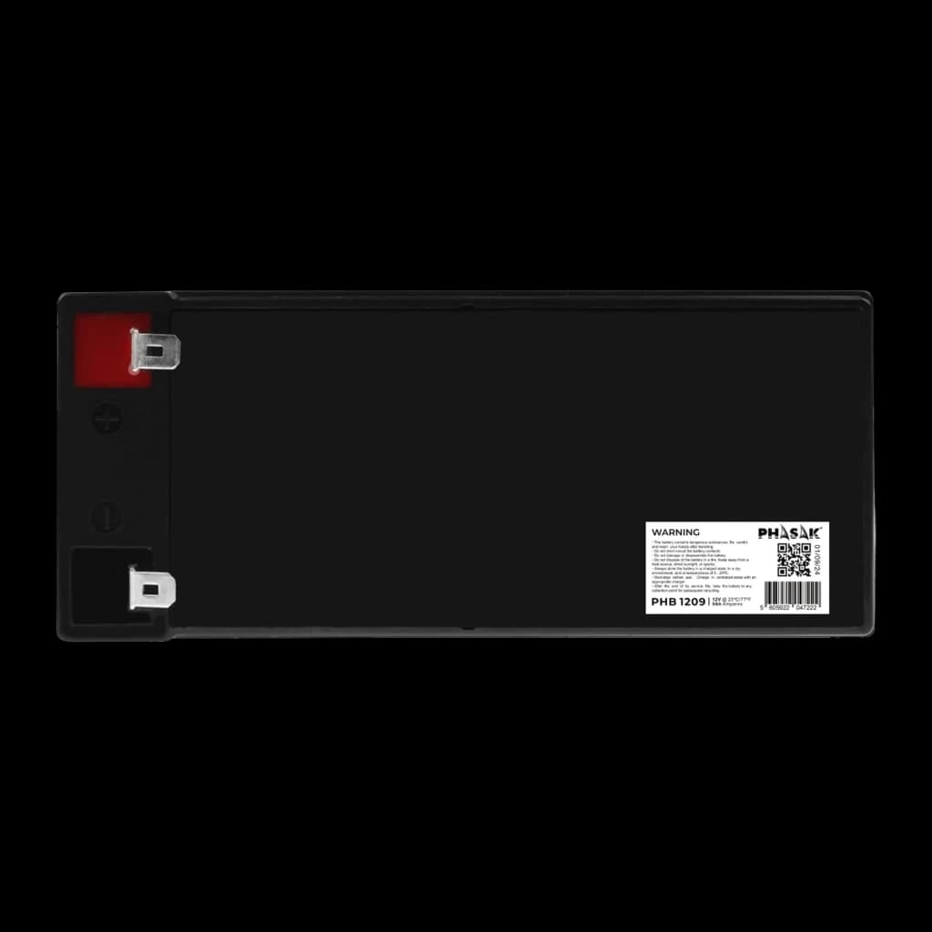 Bateria para SAI Phasak PHB 1209 VRLA 12V 9Ah Preto, detalhe: vista frontal com terminais metálicos e etiqueta com código
