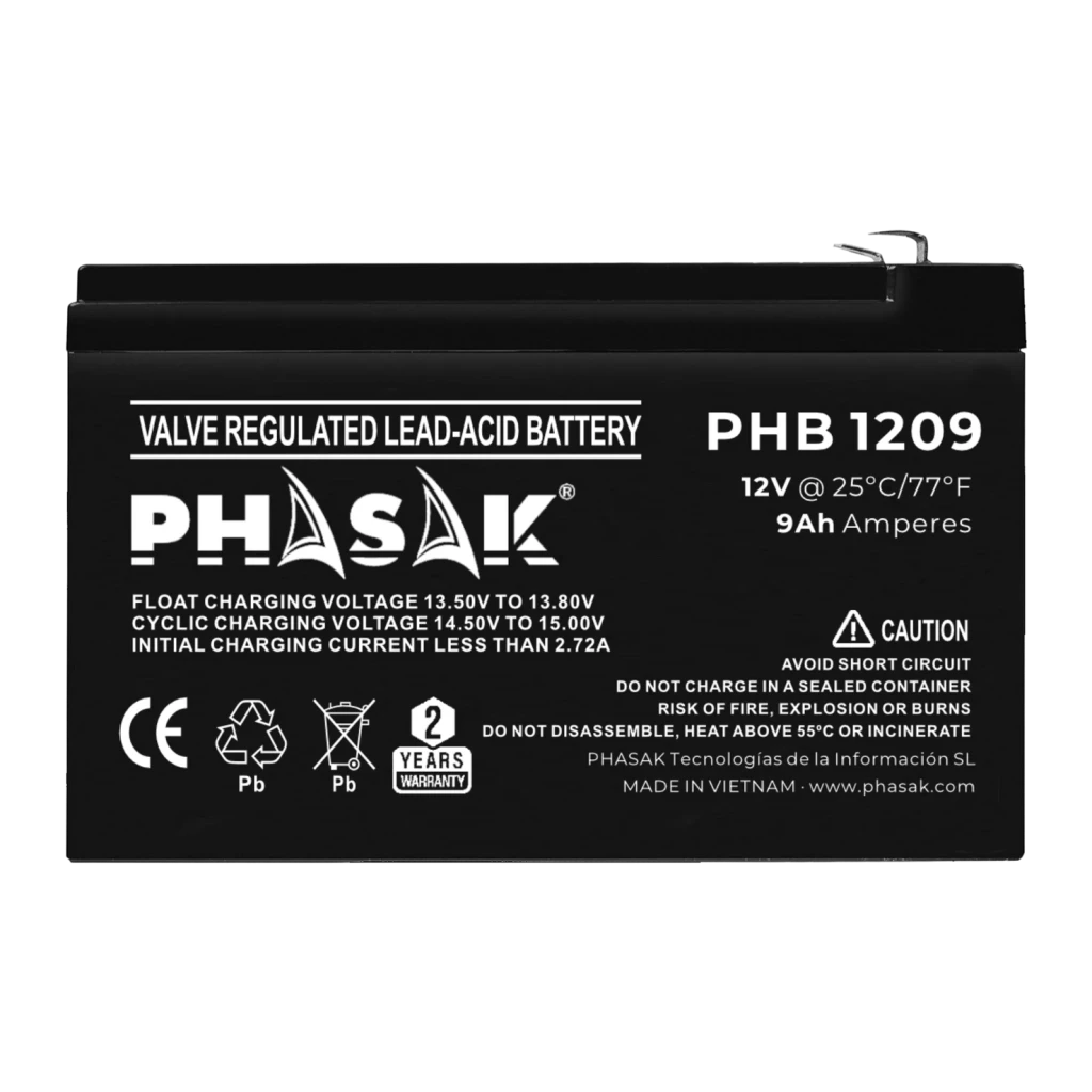Bateria para SAI Phasak PHB 1209 VRLA 12V 9Ah Preto, detalhe: etiqueta frontal com modelo, voltagem e certificações