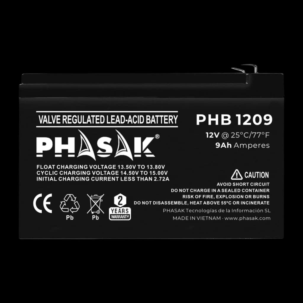 Bateria para SAI Phasak PHB 1209 VRLA 12V 9Ah Preto, detalhe: etiqueta frontal com modelo, voltagem e certificações