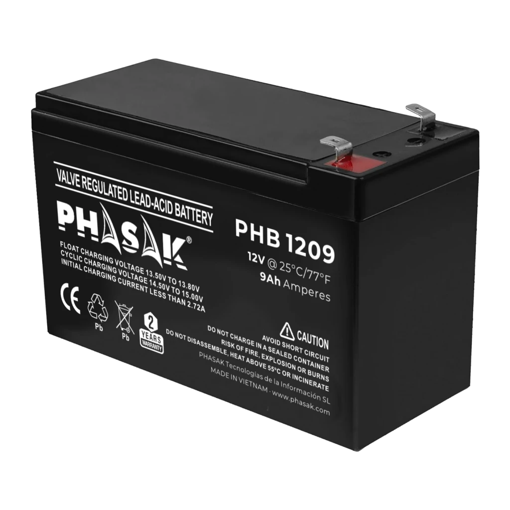 Bateria para SAI Phasak PHB 1209 VRLA 12V 9Ah Preto, detalhe: etiqueta frontal com especificações e terminais metálicos