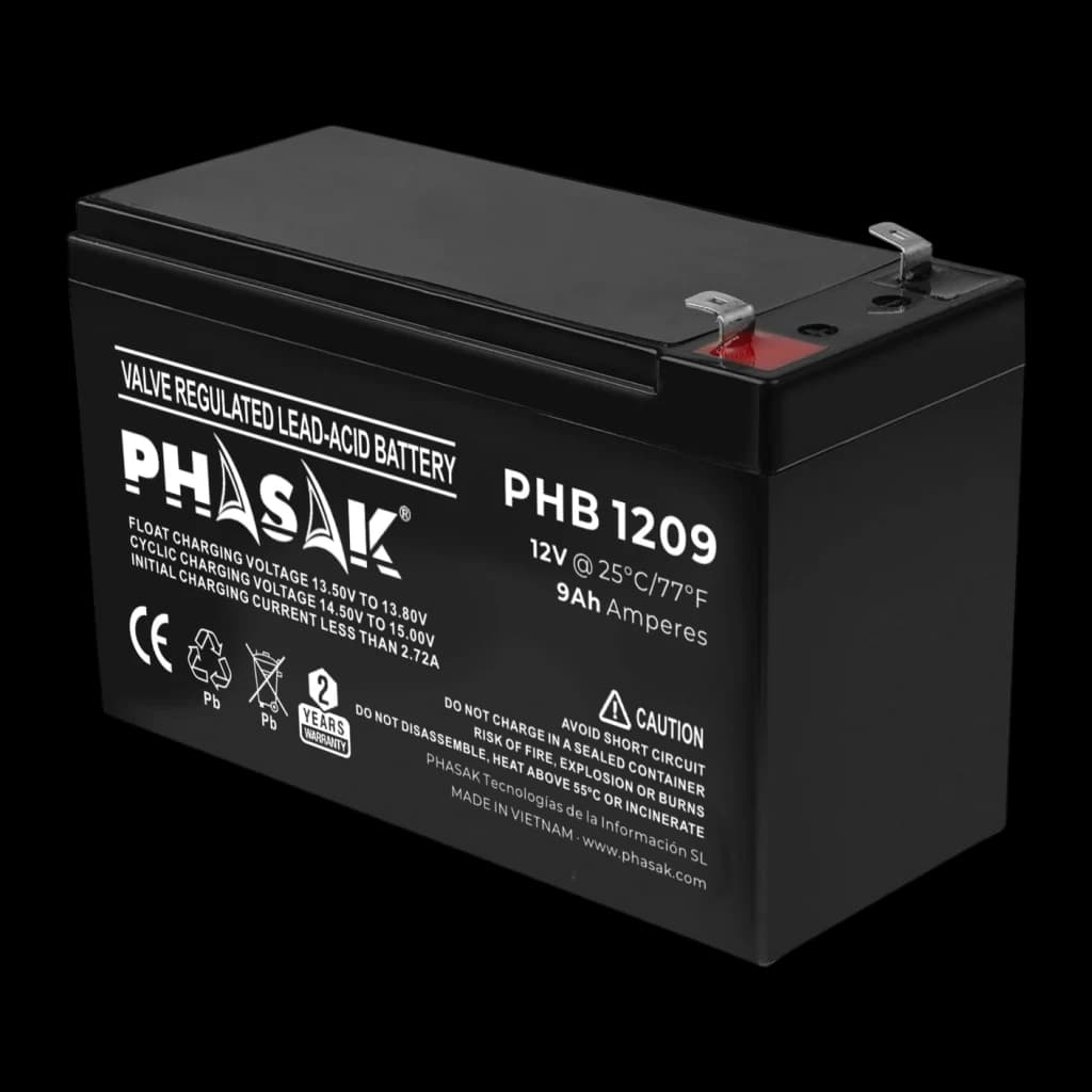 Bateria para SAI Phasak PHB 1209 VRLA 12V 9Ah Preto, detalhe: etiqueta frontal com especificações e terminais metálicos