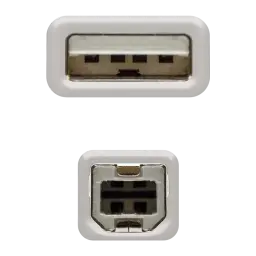 Câble Nanocable USB 2.0 Type A/M-B/M Imprimante 1,8 m Beige, détail: connecteurs type A et type B de face avec broches