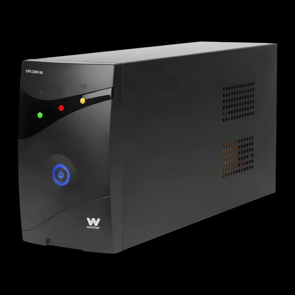 UPS Woxter UPS 2000 VA Linha Interativa 2000VA 1200W Preto, vista frontal: carcaça preta com botão de energia azul, LEDs