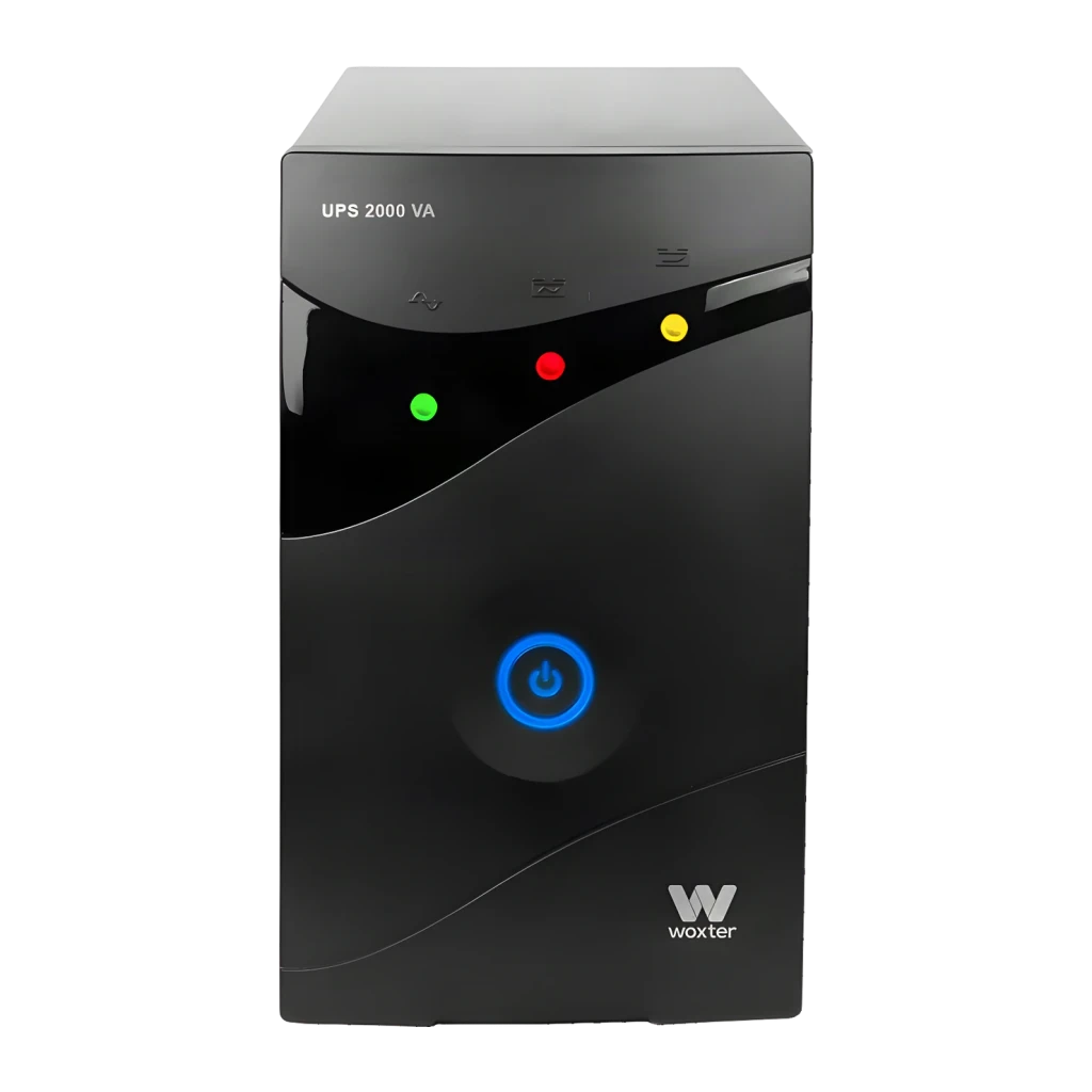 UPS Woxter UPS 2000 VA Linha Interativa 2000VA 1200W Preto, detalhe frontal: indicadores LED verde, vermelho e amarelo