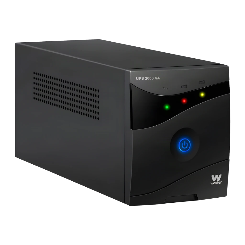 UPS Woxter UPS 2000 VA Linha Interativa 2000VA 1200W Preto, detalhe: botão de energia azul, LEDs verde vermelho amarelo