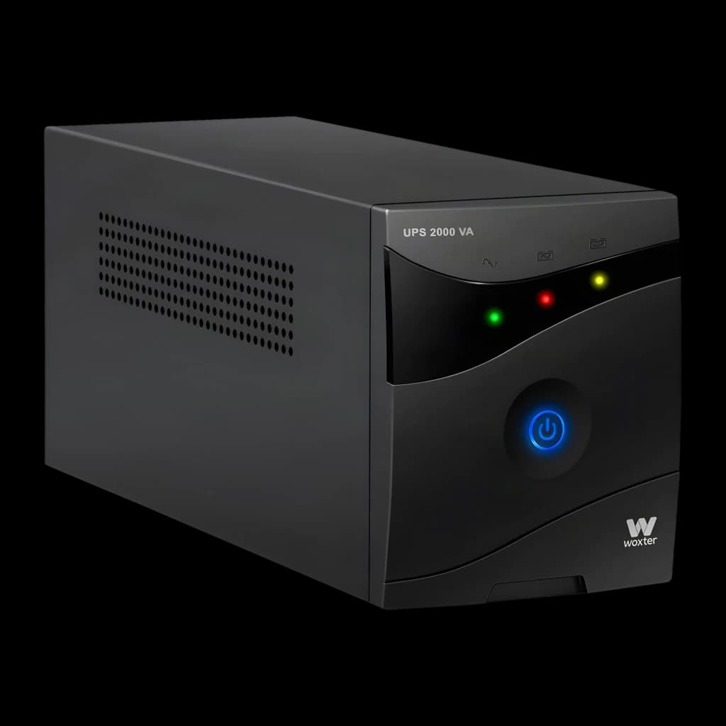 UPS Woxter UPS 2000 VA Linha Interativa 2000VA 1200W Preto, detalhe: botão de energia azul, LEDs verde vermelho amarelo