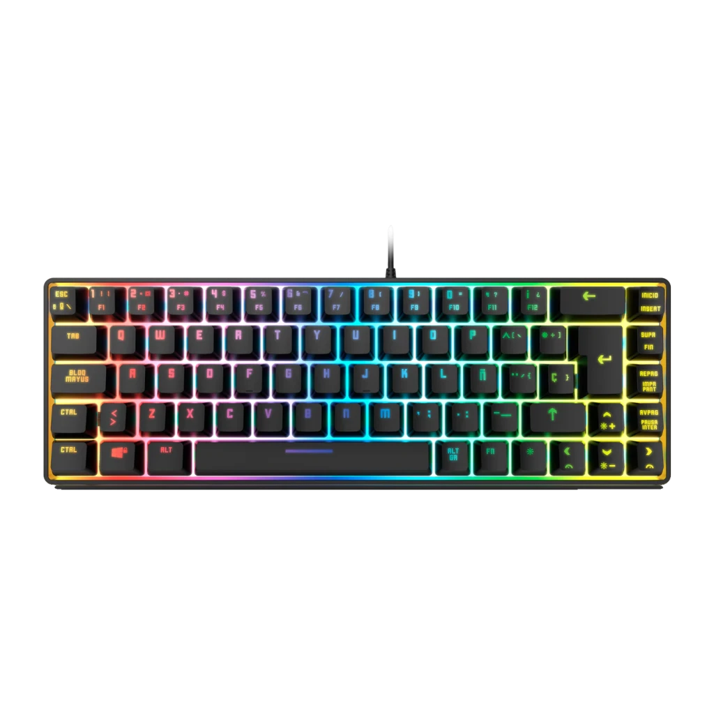 Clavier Gaming Krom Kalista RGB 68 Touches 62% 310x100mm Noir, vue de face: rétroéclairage RGB multicolore sur touches