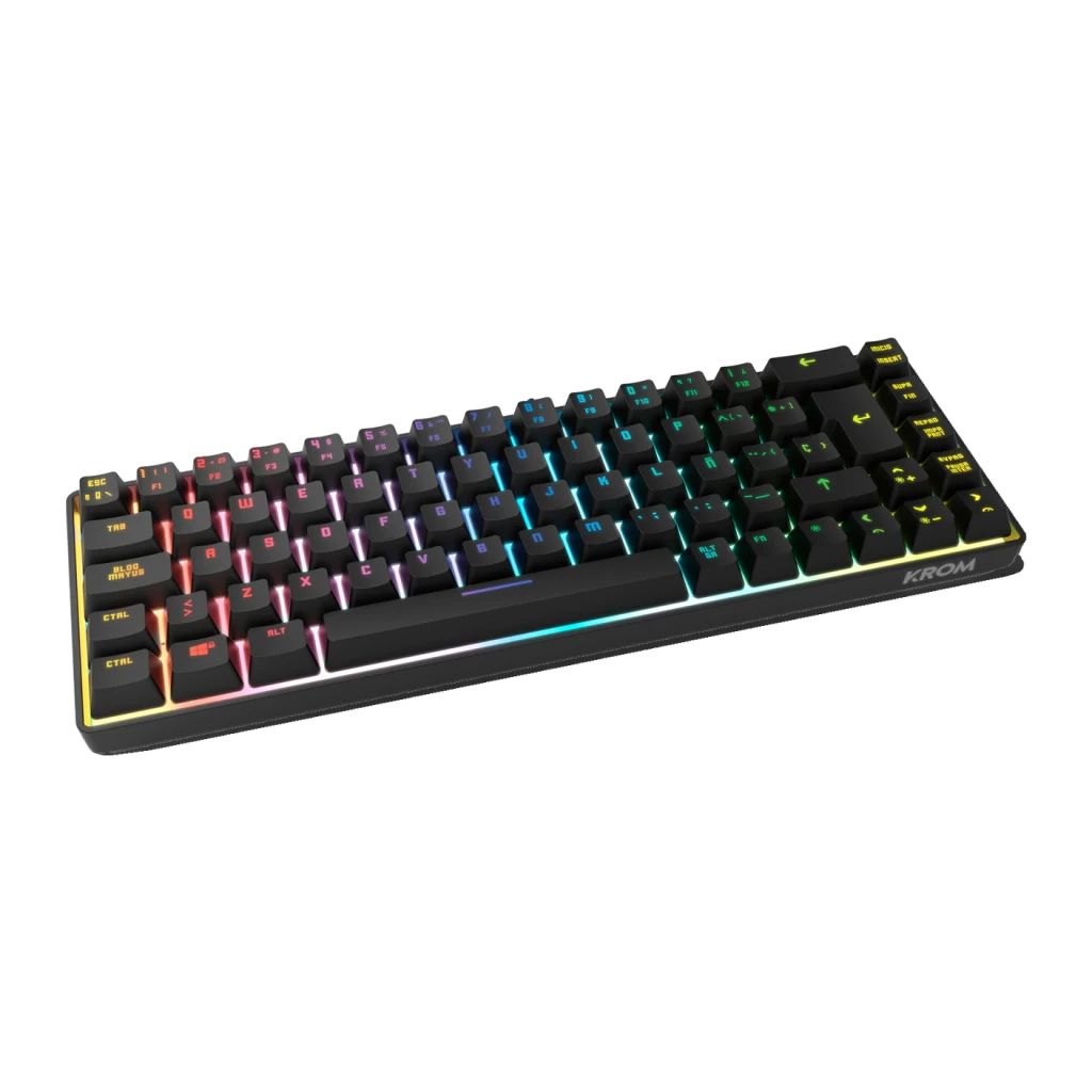 Clavier Gaming Krom Kalista RGB 68 Touches 62% 310x100mm Noir, détail: vue en perspective avec rétroéclairage RGB