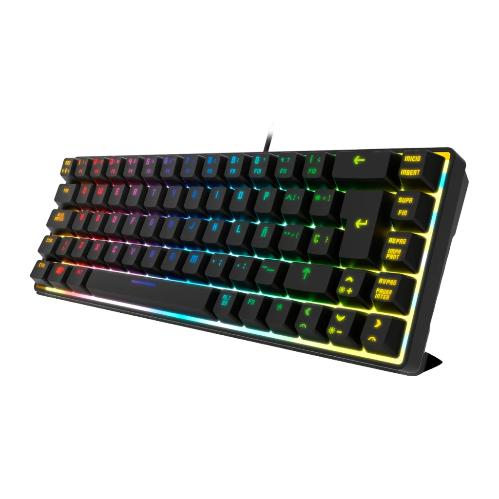 Clavier Gaming Krom Kalista RGB 68 Touches 62% 310x100mm Noir, détail: rétroéclairage RGB multicolore sur les touches