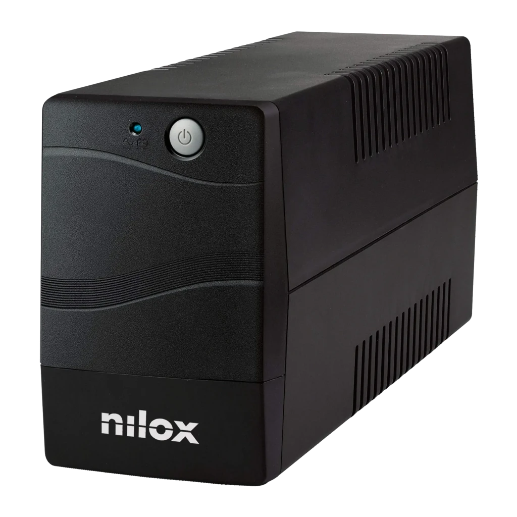 SAI Nilox Premium Line Interactive 800 VA 560W Negro, vista frontal: carcasa negra con botón de encendido, LED azul