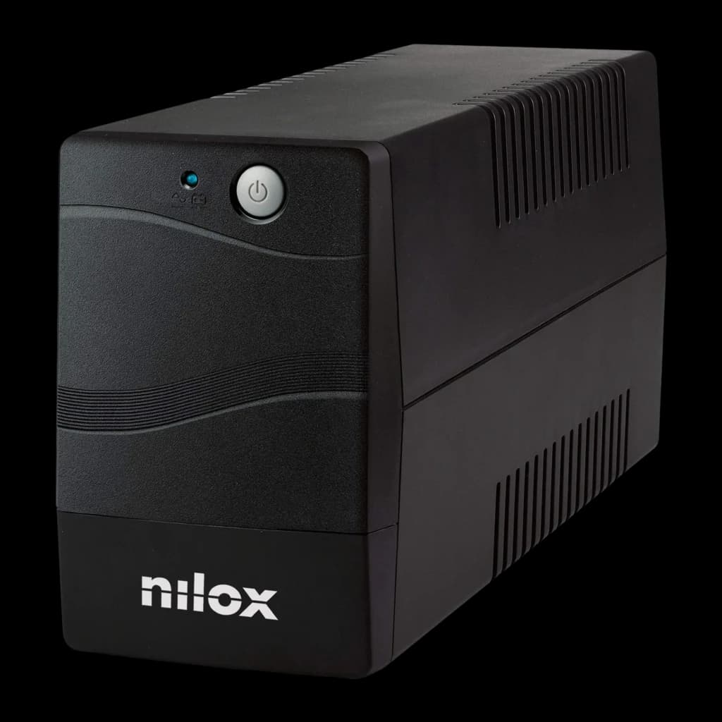 SAI Nilox Premium Line Interactive 800 VA 560W Negro, vista frontal: carcasa negra con botón de encendido, LED azul
