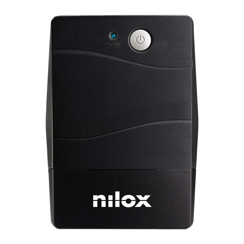 SAI Nilox Premium Line Interactive 800 VA 560W Negro, detalle frontal: botón de encendido, LED azul y logo Nilox