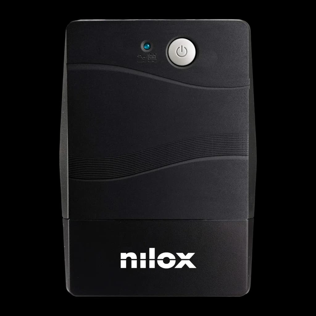 SAI Nilox Premium Line Interactive 800 VA 560W Negro, detalle frontal: botón de encendido, LED azul y logo Nilox