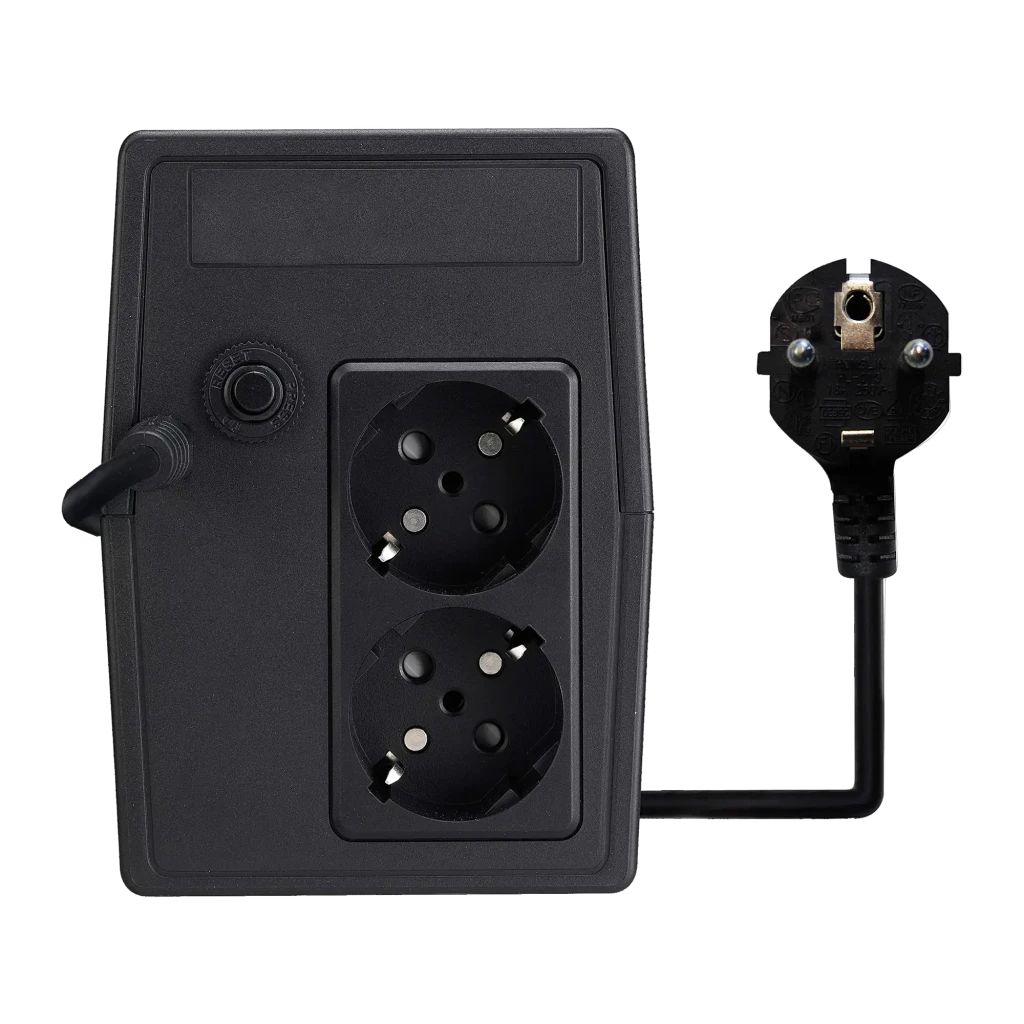 SAI Nilox Premium Line Interactive 800 VA 560W Negro, vista trasera: dos tomas Schuko, botón y cable de alimentación