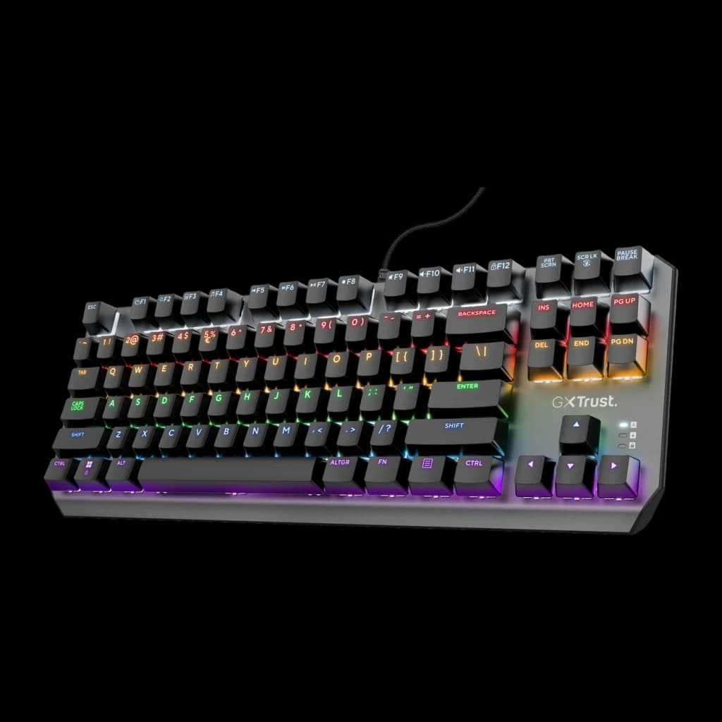 Teclado Gaming Trust GXT 834 Callaz TKL Mecânico Outemu Red RGB Preto, vista frontal: teclas pretas com retroiluminação RGB