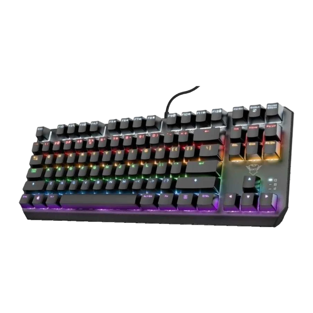 Teclado Gaming Trust GXT 834 Callaz TKL Mecânico Outemu Red RGB Preto, detalhe: vista em ângulo com retroiluminação RGB