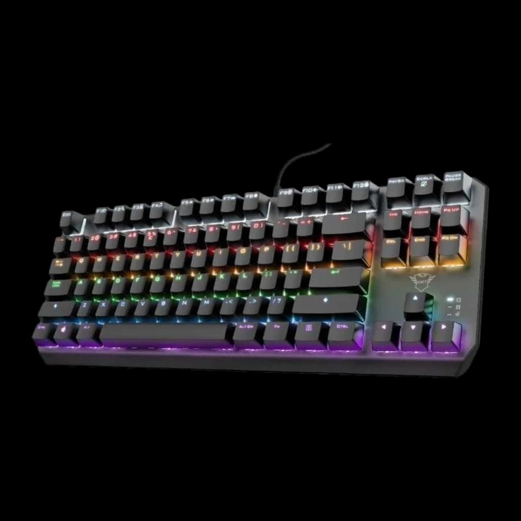 Teclado Gaming Trust GXT 834 Callaz TKL Mecânico Outemu Red RGB Preto, detalhe: vista em ângulo com retroiluminação RGB