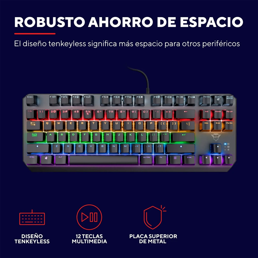 Teclado Gaming Trust GXT 834 Callaz TKL Mecânico Outemu Red RGB Preto, vista superior: layout tenkeyless com retroiluminação