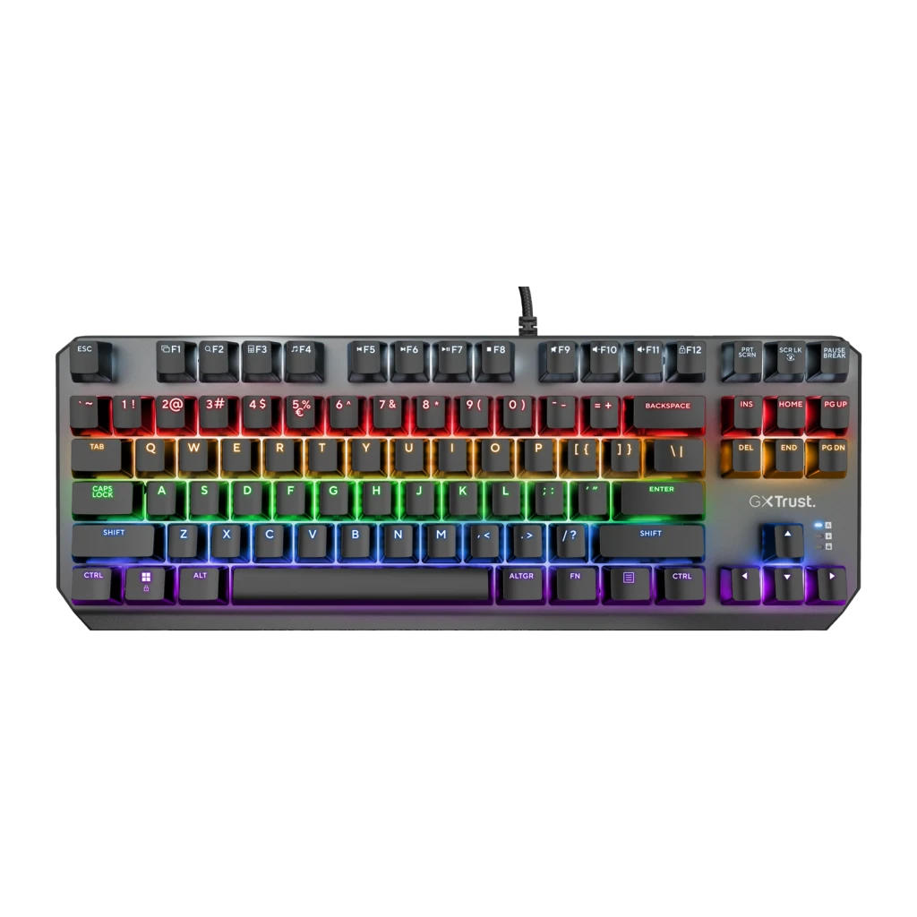Teclado Gaming Trust GXT 834 Callaz TKL Mecânico Outemu Red RGB Preto, detalhe: vista superior com retroiluminação RGB