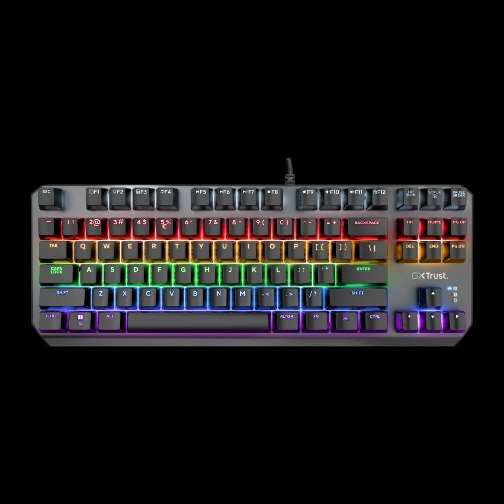 Teclado Gaming Trust GXT 834 Callaz TKL Mecânico Outemu Red RGB Preto, detalhe: vista superior com retroiluminação RGB