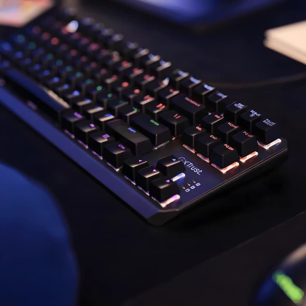 Teclado Gaming Trust GXT 834 Callaz TKL Mecânico Outemu Red RGB Preto, em uso: vista lateral sobre secretária