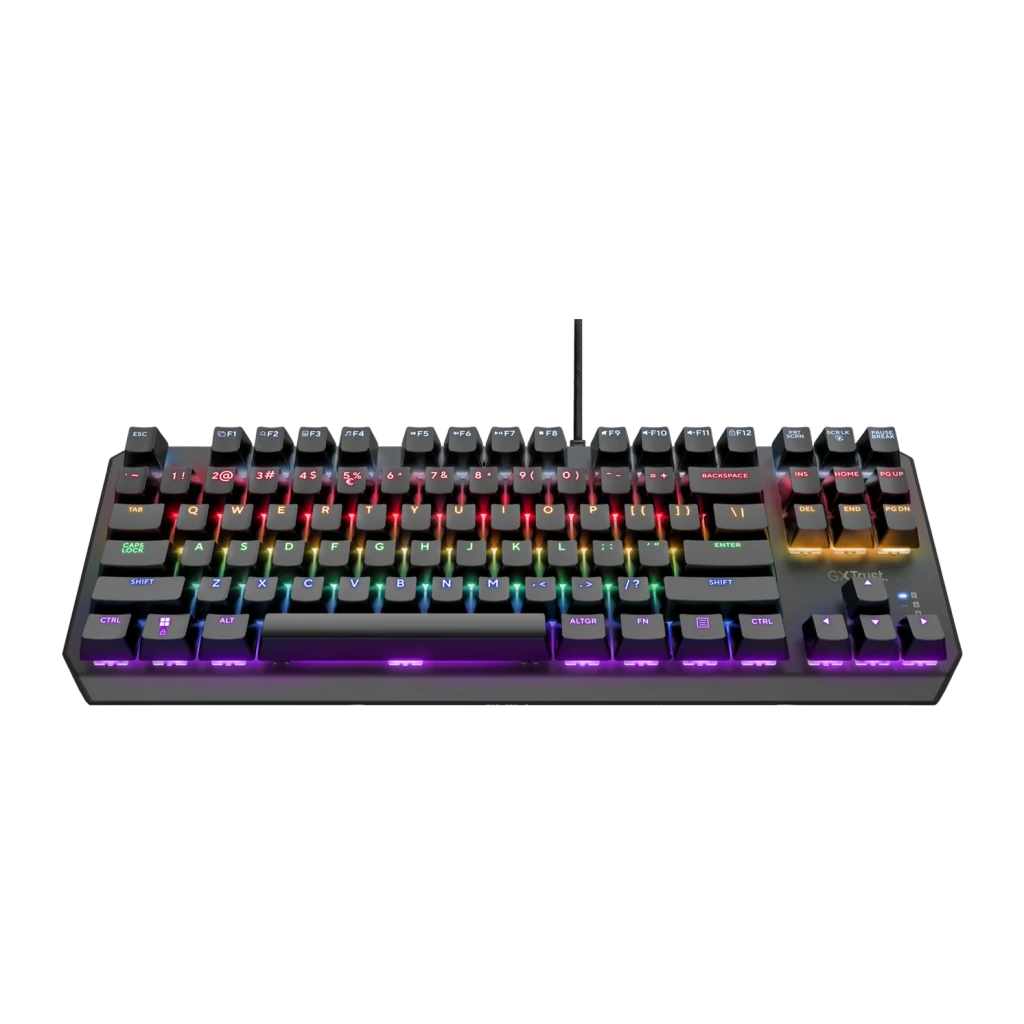 Teclado Gaming Trust GXT 834 Callaz TKL Mecânico Outemu Red RGB Preto, detalhe: retroiluminação RGB multicolor nas teclas