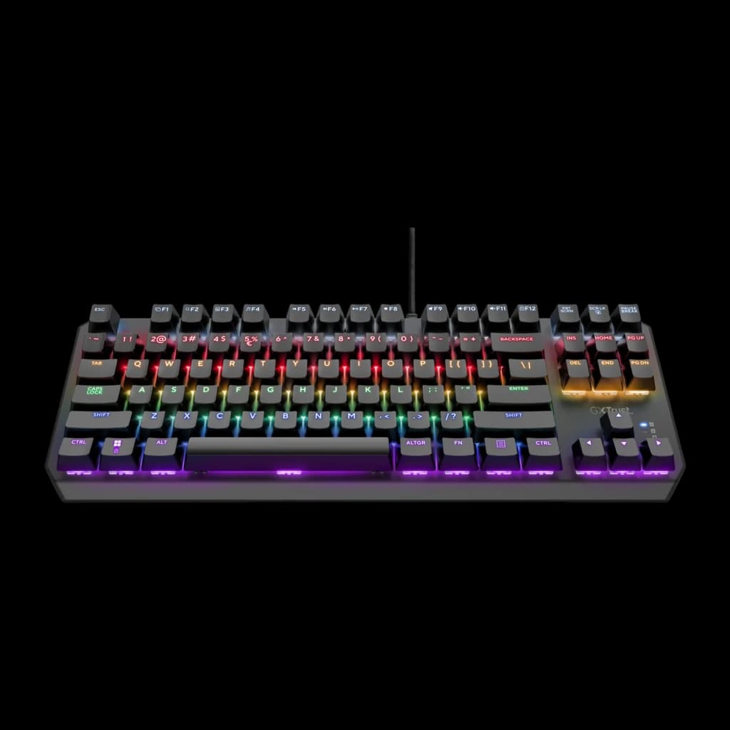 Teclado Gaming Trust GXT 834 Callaz TKL Mecânico Outemu Red RGB Preto, detalhe: retroiluminação RGB multicolor nas teclas