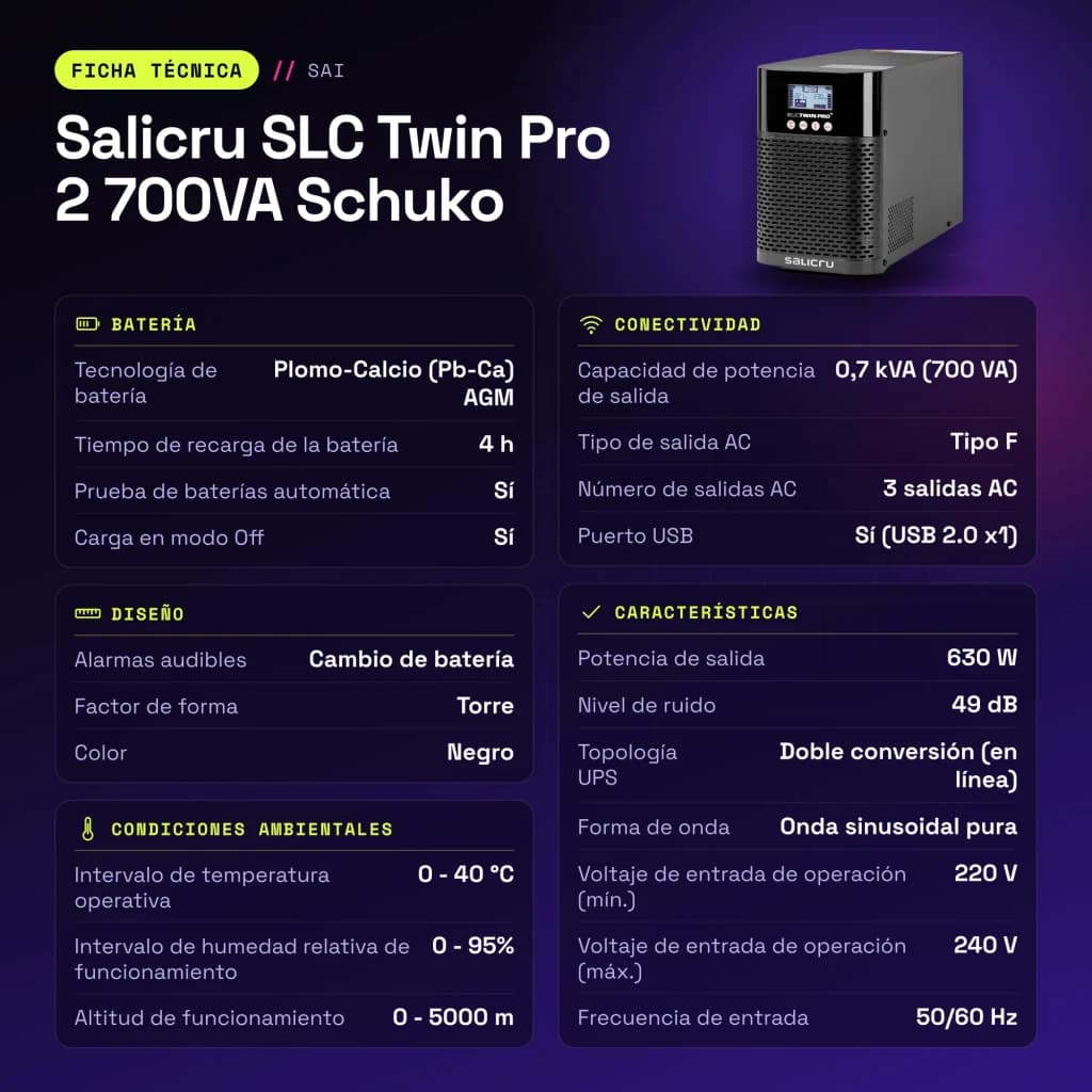UPS Salicru SLC Twin Pro 2 700VA Schuko Dupla conversão (Online) Preto - características
