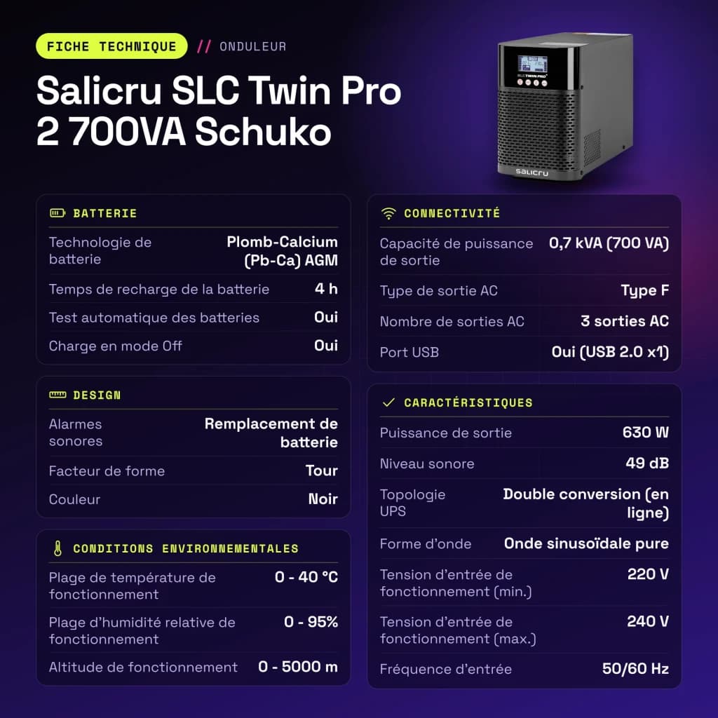 UPS Salicru SLC Twin Pro 2 700VA Schuko Dupla conversão (Online) Preto - características