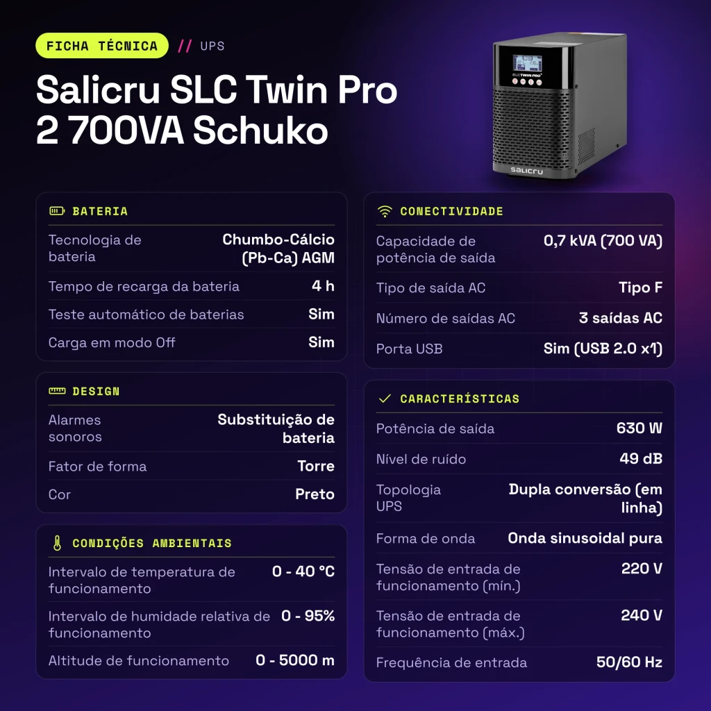 UPS Salicru SLC Twin Pro 2 700VA Schuko Dupla conversão (Online) Preto - características