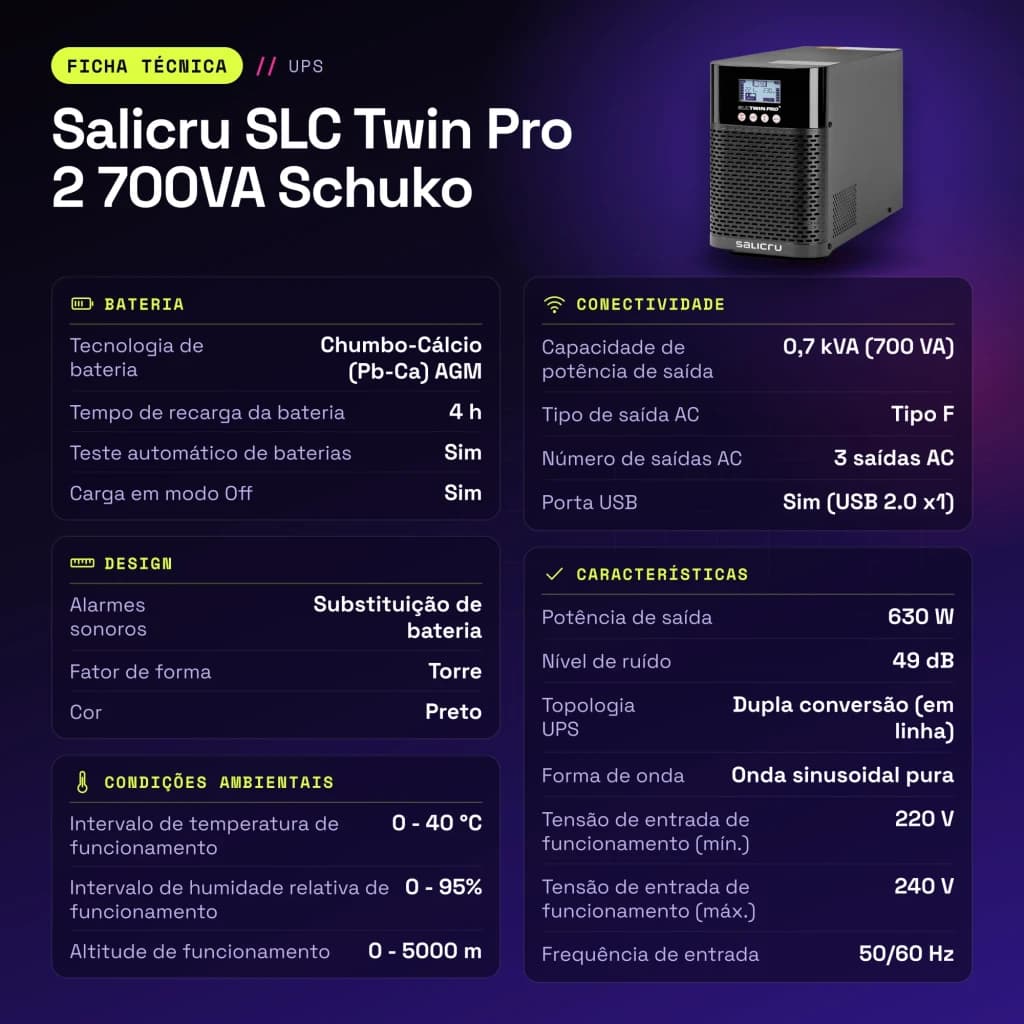 UPS Salicru SLC Twin Pro 2 700VA Schuko Dupla conversão (Online) Preto - características