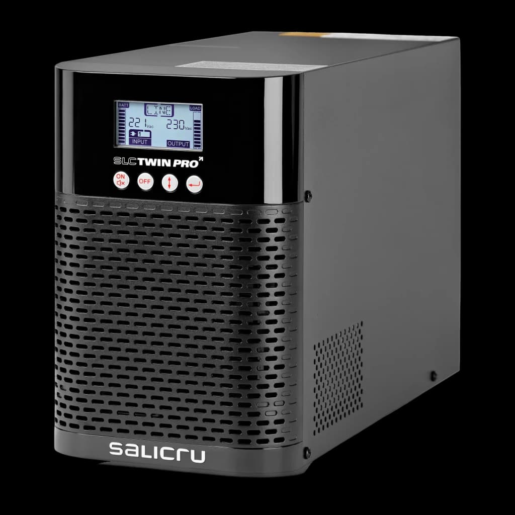 Ups Salicru SLC Twin Pro 2 700VA Schuko Linha Online Preto, vista frontal: ecrã LCD, botões ON/OFF e grelha de ventilação