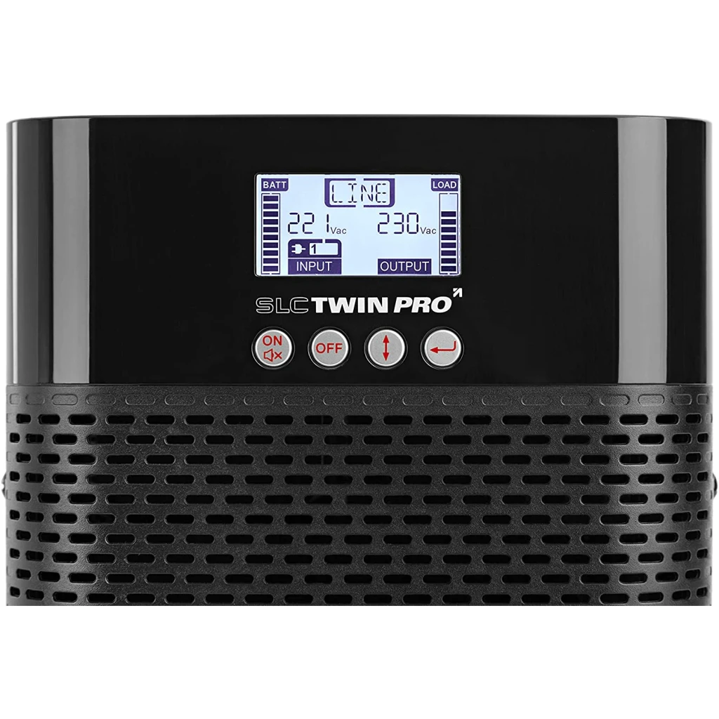 Ups Salicru SLC Twin Pro 2 700VA Schuko Linha Online Preto, detalhe: ecrã LCD com valores INPUT 221Vac OUTPUT 230Vac